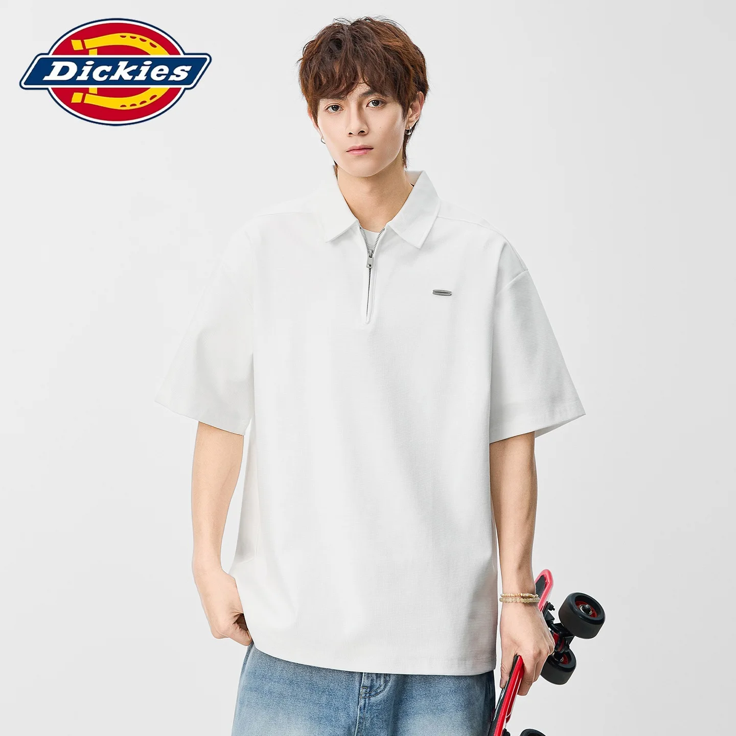 Dickies Summer Short Sleeve Polo Shirt for Men, Embroidered Logo Japanese Retro Solid Color Collar Casual Top