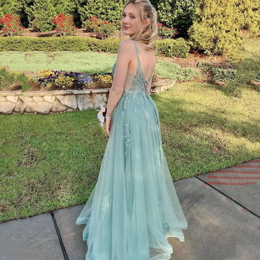 Princess Green V-Neck Prom Dresses Spaghetti Straps Tulle Backless Graduation Floor Length Garden Formal Evening Party Gown 2024