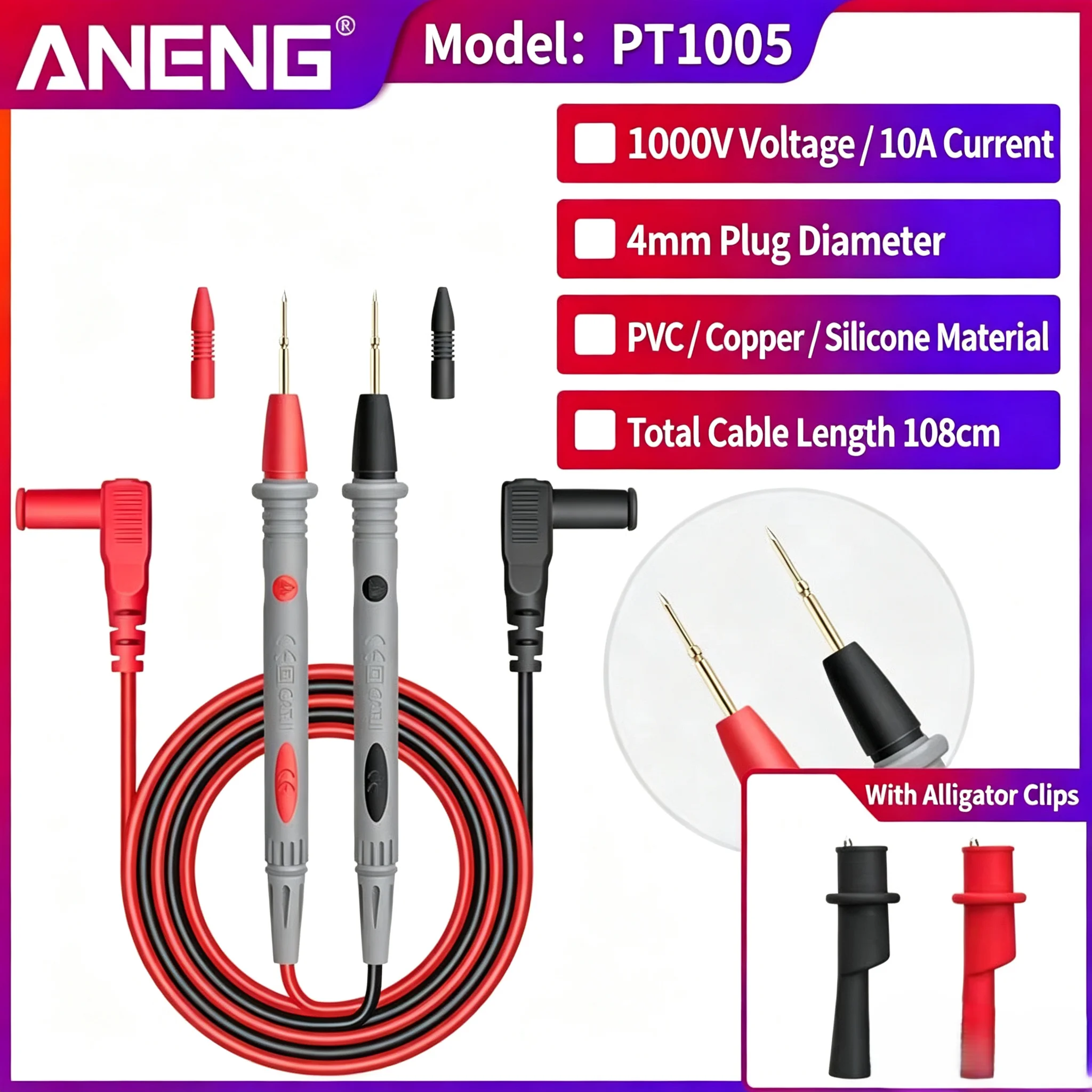 ANENG PT1005B1000V 10A Digital Multimeter Tester Pen with Thin Tip Needle Probe Universal Wire Cable for Precise Electrical Test