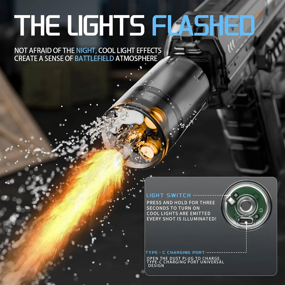 مسدس مياه كهربائي طويل المدى عالي السعة قابل لإعادة الشحن مع ضوء لهب LED ألعاب قتال المياه المحمولة للأطفال #3