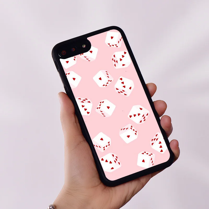 Wildflower Rubber Phone Case Cover for iPhone 6 6S 7 8 Plus X XS XR 11 12 13 14 15 Mini Pro Max Pink Dice Heart Pattern