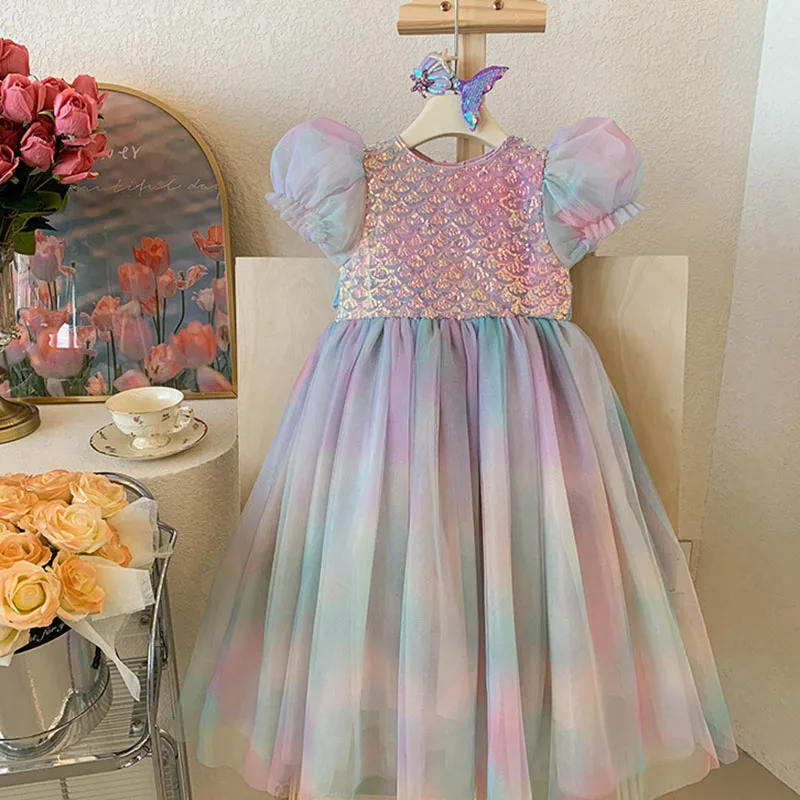 

Shiny Mermaid Princess Dress For Girls Gradient Color Block Kids Dress Mesh Sequin Birthday Party Ball Gown Costume For Children