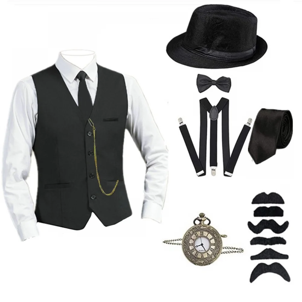 1920S Men\'s Costume Roaring 20S Cosplay Costumes for Men Gatsby Gangster Outfit Accessories with Vest Watch Bow Tie Hat Armband