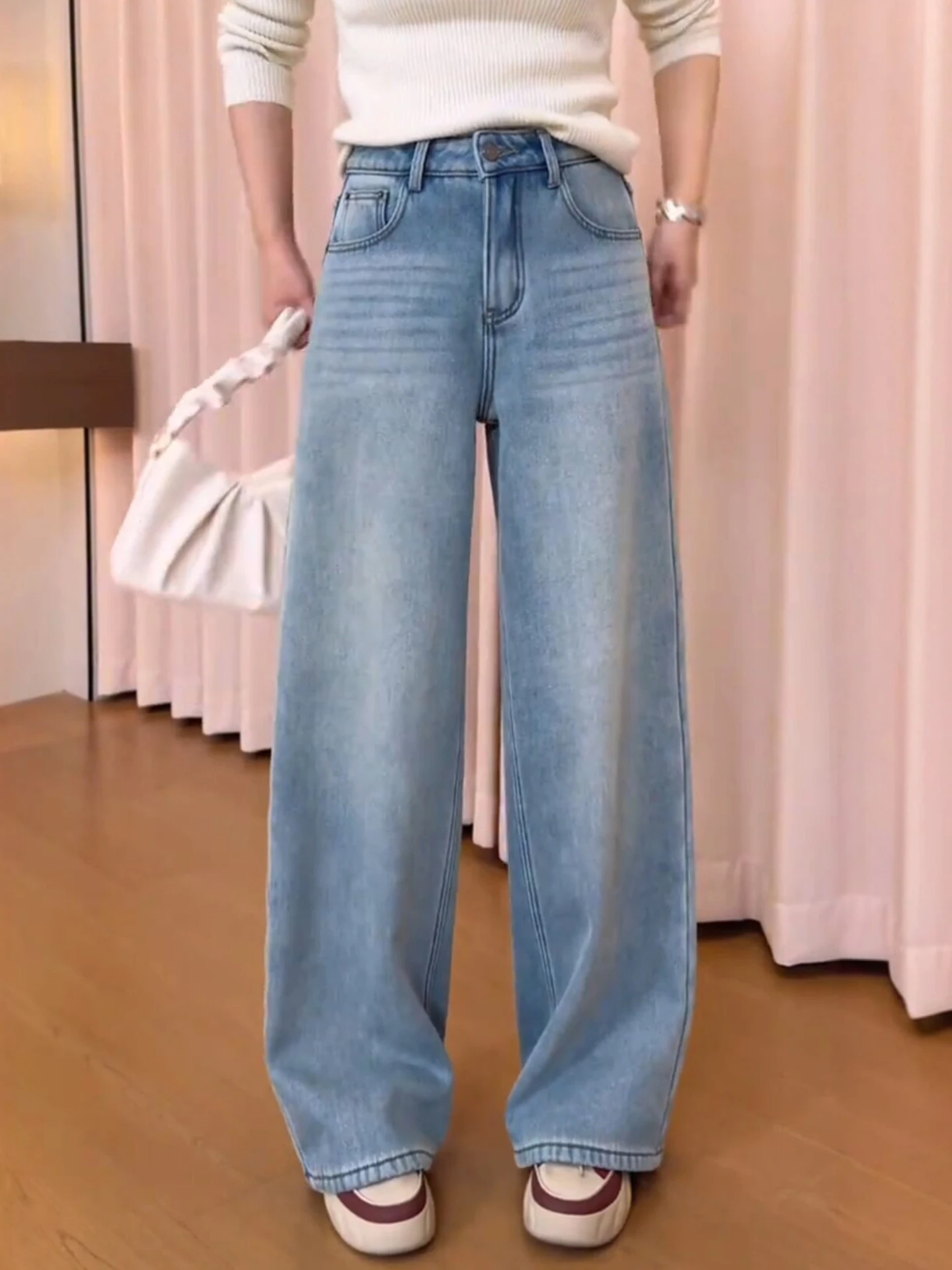 

Женские джинсы с высокой талией и широкими штанинами на флисовой подкладке, осенне-зимняя новинка, вышитые, свободные, повседневные, прямого кроя