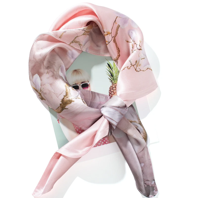 Luxury 100% Mulberry Silk Printed Long Scarf, Multifunctional  Women's Pink Silk Scarf, Headscarf, Belt, Shawl