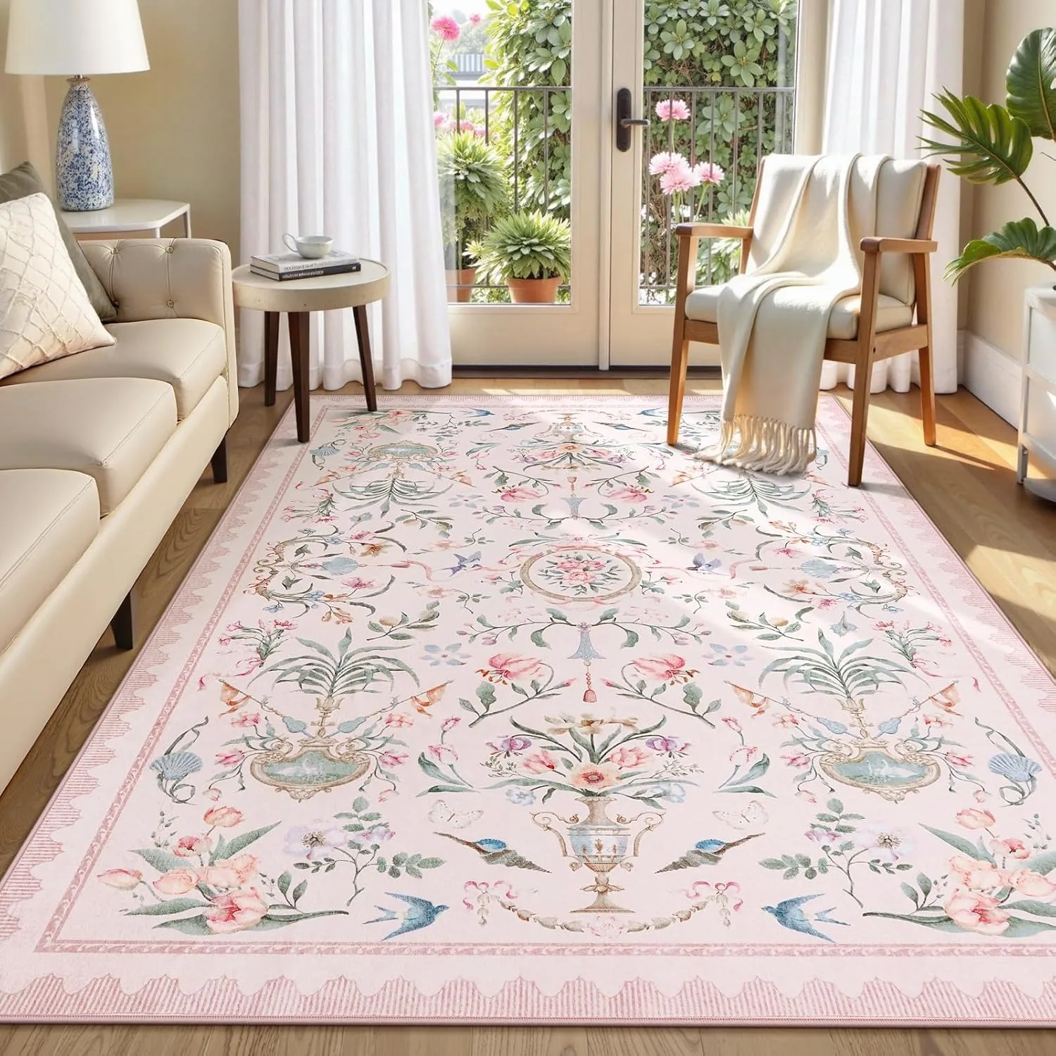 

Pink Living Room Carpet Bohemian Bedroom Plush Rugs Machine Washable Non-slip Floral Print Cloakroom Soft Mats Ковер 러그 Alfombra