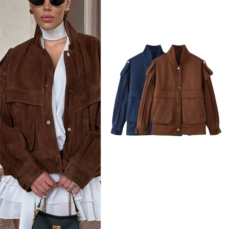 

Осеннее новое женское повседневное широкое плечо с большим воротником-стойкой, свободное ретро-коричневое замшевое пальто-манто, повседневное свободное пальто...