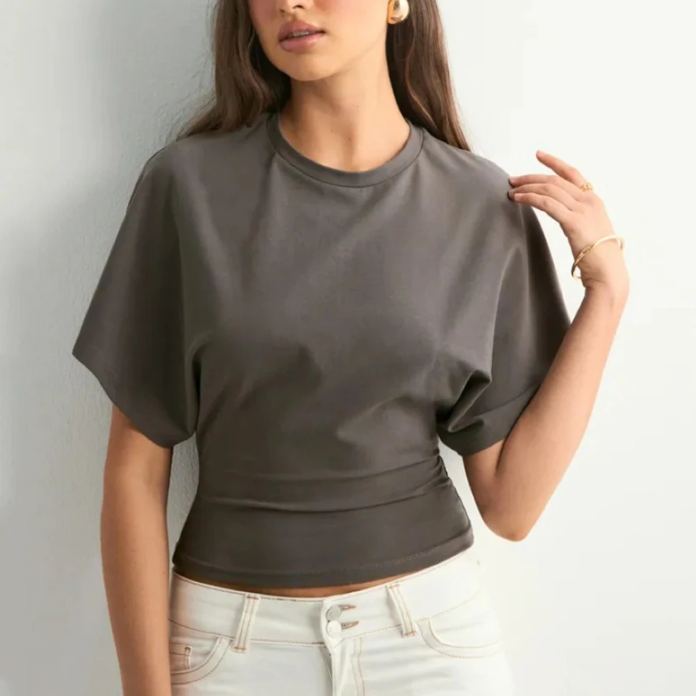 2025 Korean O-neck Short Sleeved Blouse Summer New Solid Color Loose Top Casual Waist Shirt Y2K Street Fashion Women's Top