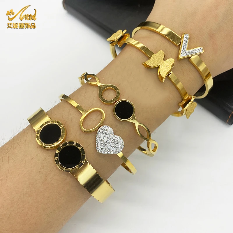 ANIID Cubic Zirconia Charm Stainless Steel Bangles Bracelets for Women 18K Gold Color Heart Rhinestone Bracelet Trendy Jewelry