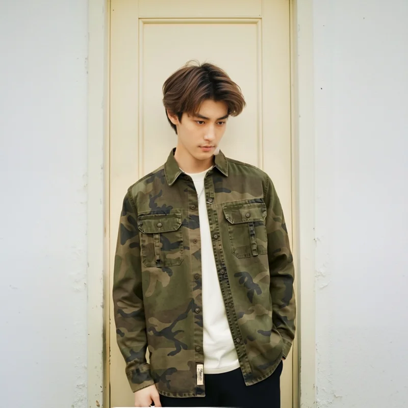 Heavy bead sails woven fabric May Khaki vintage men's shirt pocket design camouflage shirt jacket