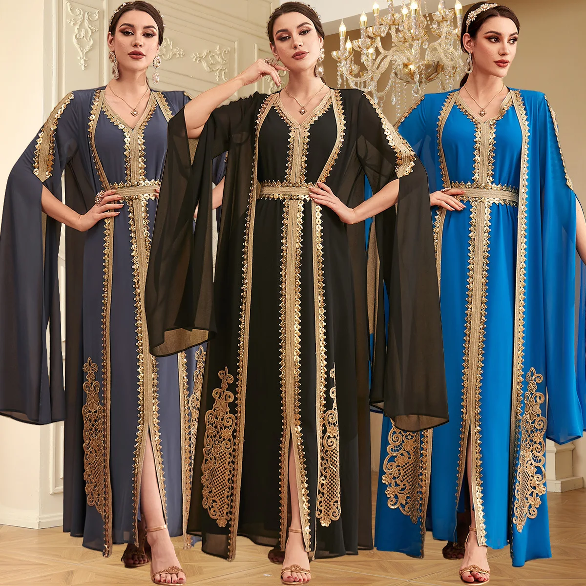 Eid Ramadan Women Open Kimono Party Dresses Abaya 2 Pieces Set Embroidery Long Robe Morocco Dubai Islam Clothing Vestidos Kaftan