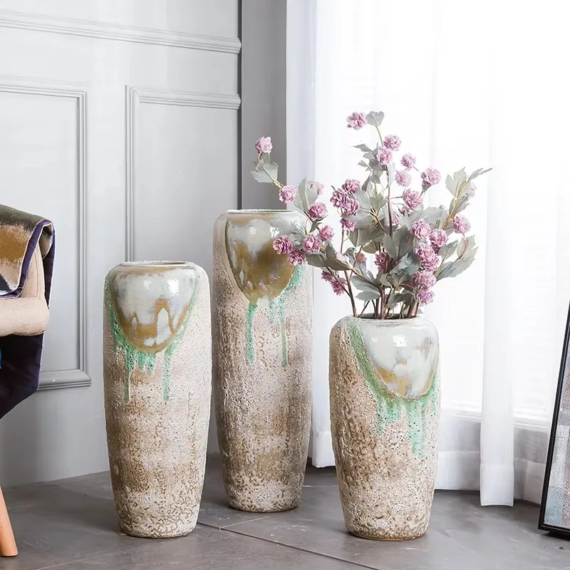 Rustic Glazed Ceramic Floor Vase Set Modern Home Living Room Decorative Planter Ornament Natural Crackled Textured Surface