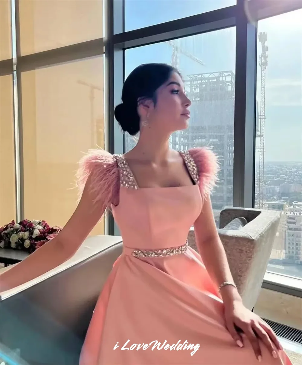 Pink Square Neck Cocktail Dress 2025 Satin Sleeveless Tea-Length A-Line Ruched Crystal Feather Wedding Guest Dresses Customized