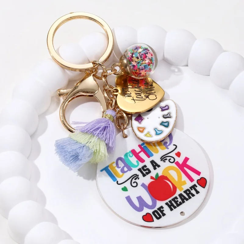 Lovely Apple Acrylic Best Teacher Work Keychain Pencil Heart Ruler Key Ring For Women Men Teacher\'s Gift Handmade Jewelry Set