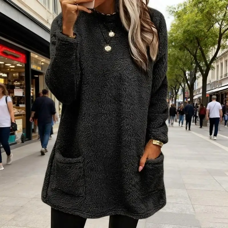 女性の長袖クルーネックフリースプルオーバー冬暖かいスウェットシャツファジーぬいぐるみチュニックトップポケット付きラウンジウェア