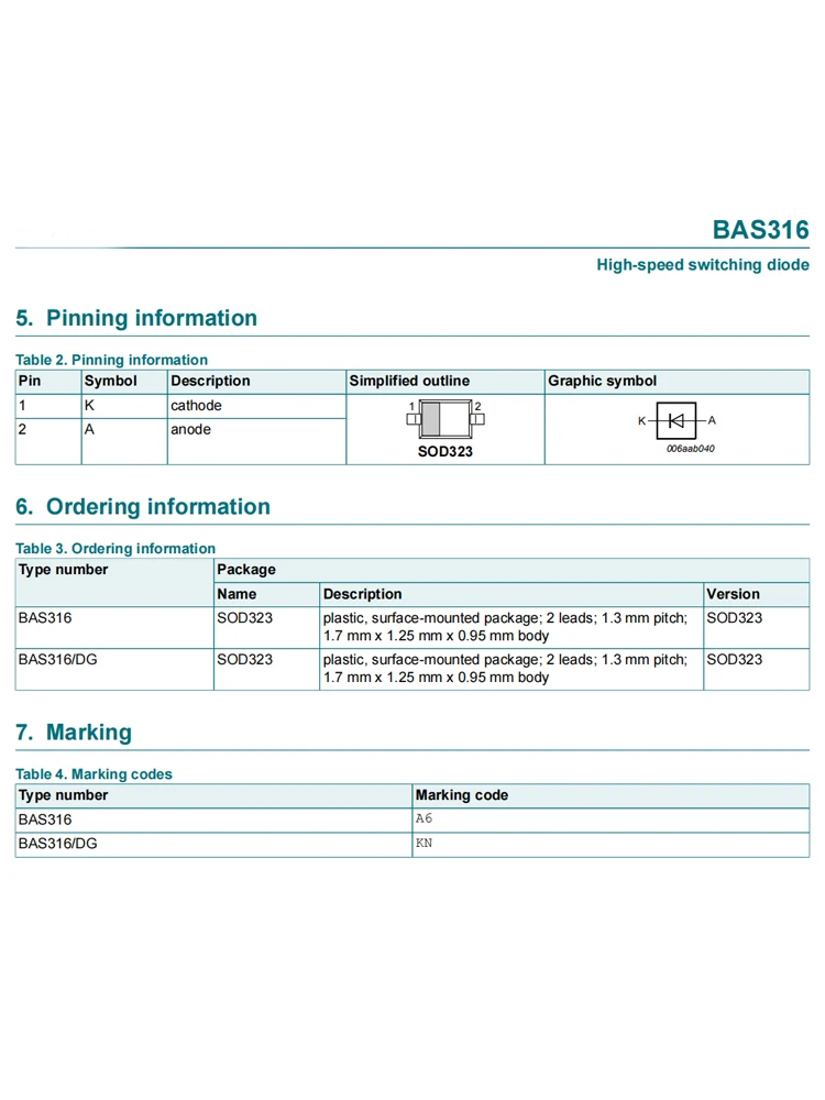 BAS316 SOD-323 0805 100pcs silk screen A6 100V/250mA high-speed switch diode