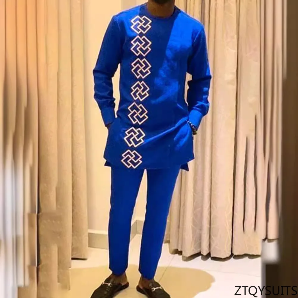 

New Dashiki Men's Suit, Blue Round Neck Long Sleeve, Luxury Brand Men's Suit, Casual Slim Fit, Men's Suit, Wedding Evening Dre