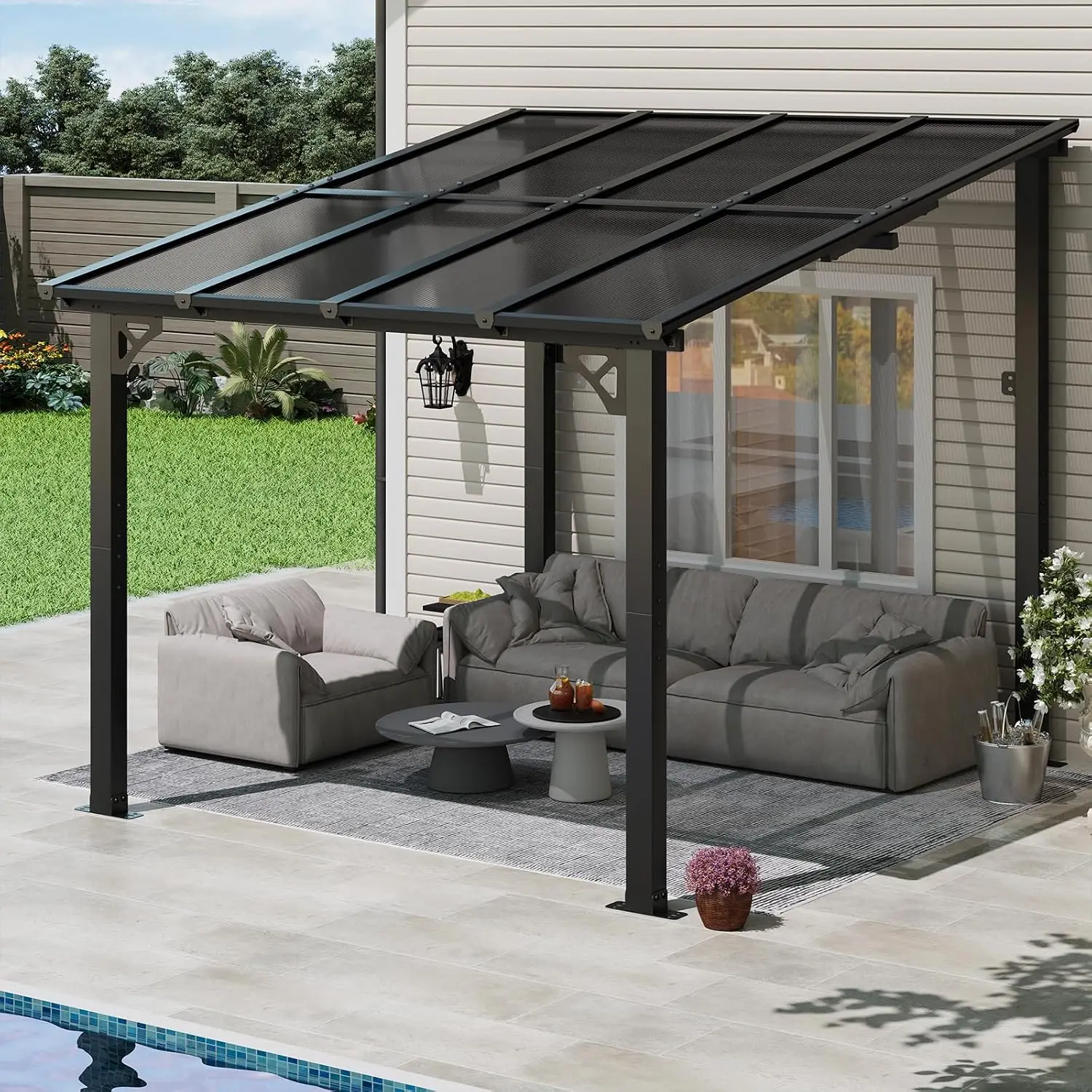 10x8 FT Lean to Pergola, Wall Mounted Hardtop with PC Roof, Heavy Duty Metal Canopy for Backyard Deck Porch, Customized