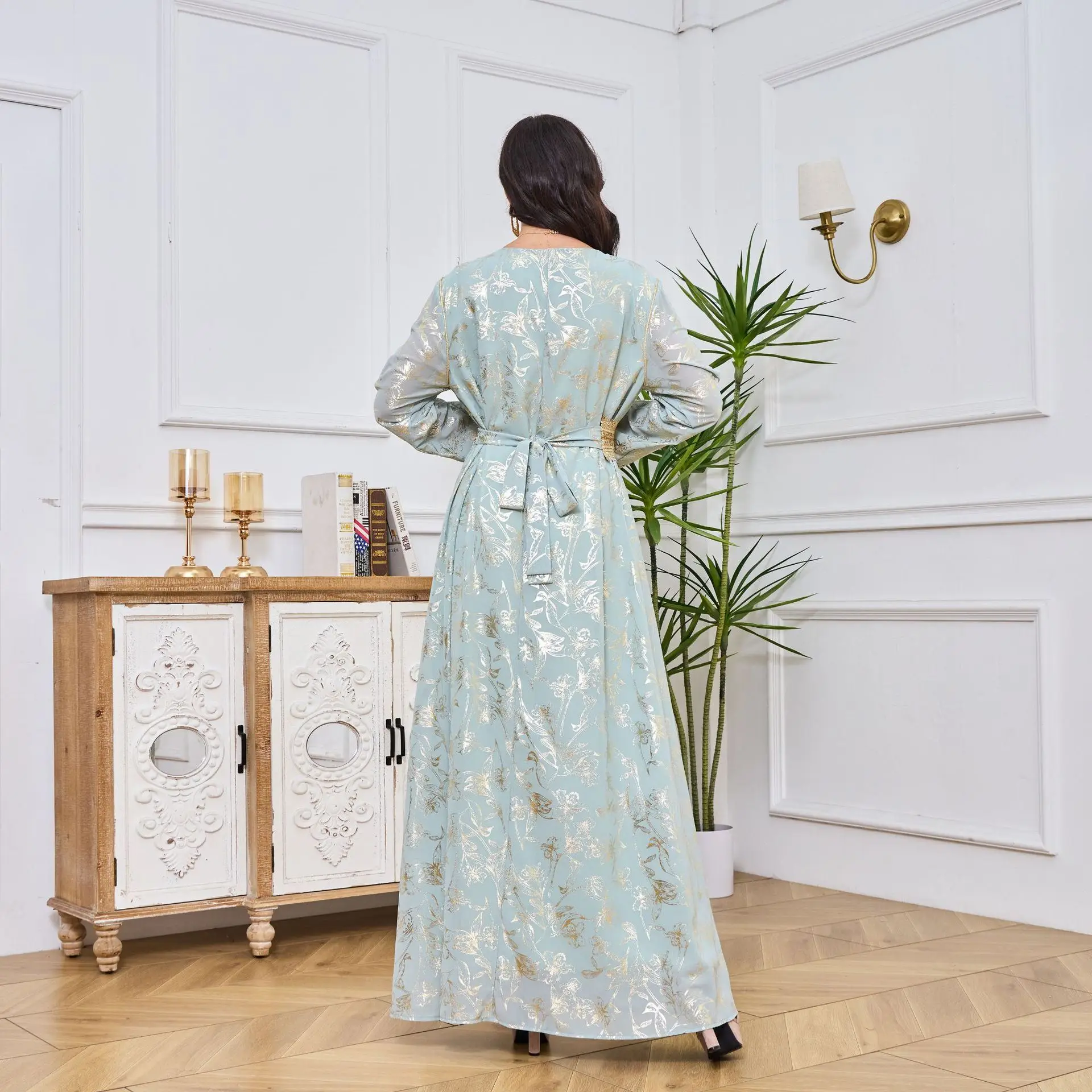 Faionable Long Sve Dr Gold Emed imprimé fleuri Station indépendante transfrontalière vêtements pour femmes Dubai Sle