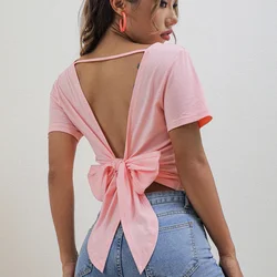 Sexy Backless Back Hollow Out Lace -up T Shirt Women Short Sleeves Bottoming Shirt Ladies Tee Shirt Tops Camisetas Mujer