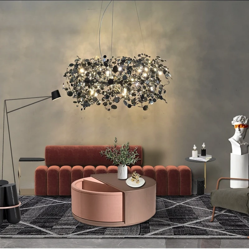 Luxury Sparkling Metal Leaf Chandelier Black Silver LED Pendant Light Modern Art Deco Hanging Lamp for Living Room