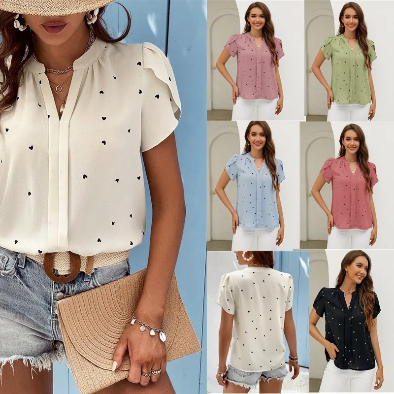 New Summer Women's Shirts with Petal Sleeves Pastoral V-neck Love Print Short Sleeve High Quality Tops for Women