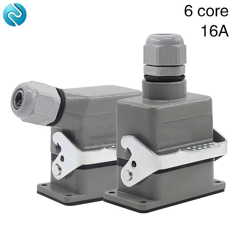 Rectangular Heavy Duty Connector HE-06 Core Industrial Waterproof Aviation Plug Socket 16A Top Line and Side Outlet