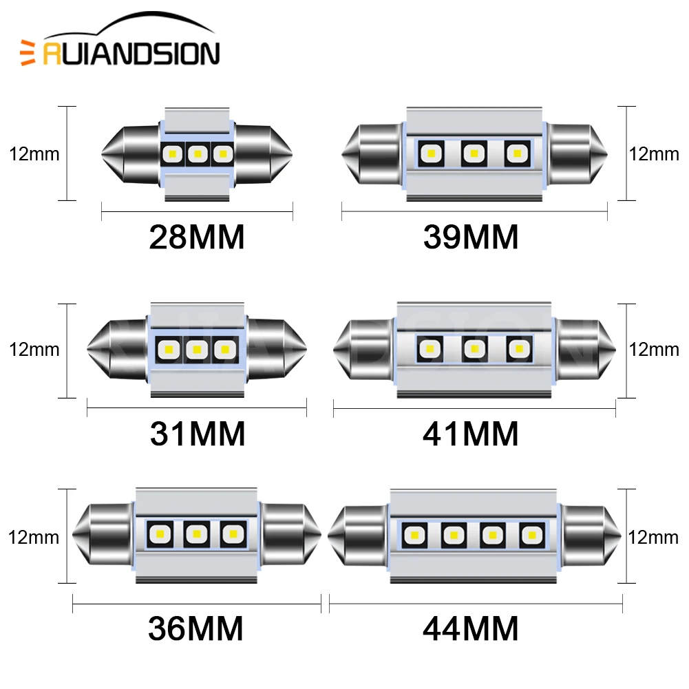 Ruiandsion Car Dome Light Festoon C5W C10W LED 28/31/36/ 39/41/44MM CANBUS 9-30V Super Bright White for Auto Interior Lamp 2Pcs