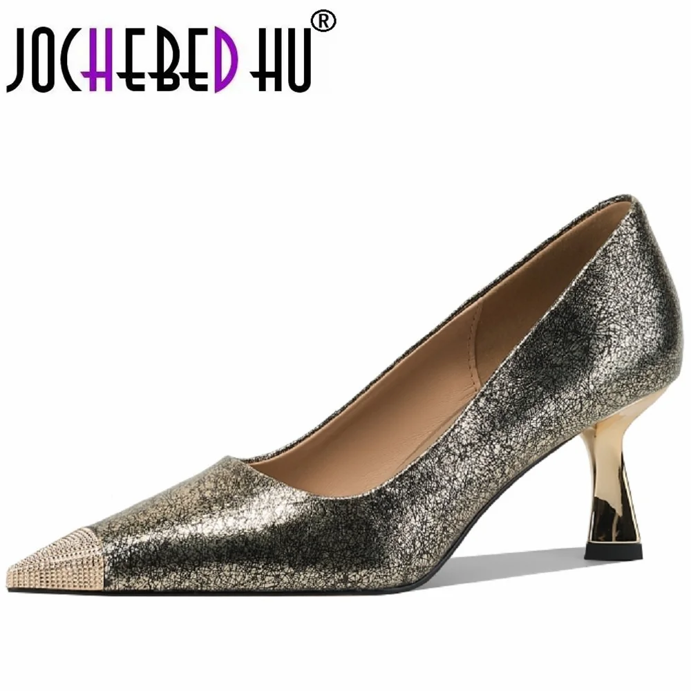 

【JOCHEBED HU】New Genuine Leather Women Pumps Shoes for Fashion Metal Pointed Toe Shoes Concise High Heels Zapatos De Mujer 34-40