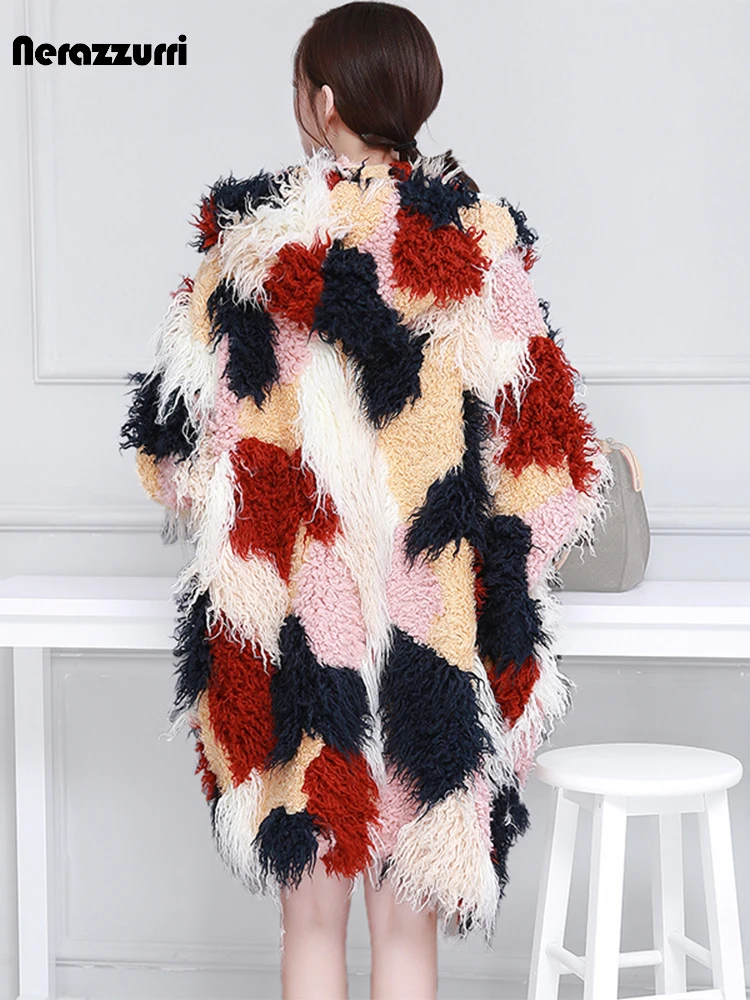 Nerazzurri Oversized Winter Long Asymmetrical Colorful Fluffy Faux fur Coat Women Shaggy Mongolian Sheep Fur Korean Fashion 2021