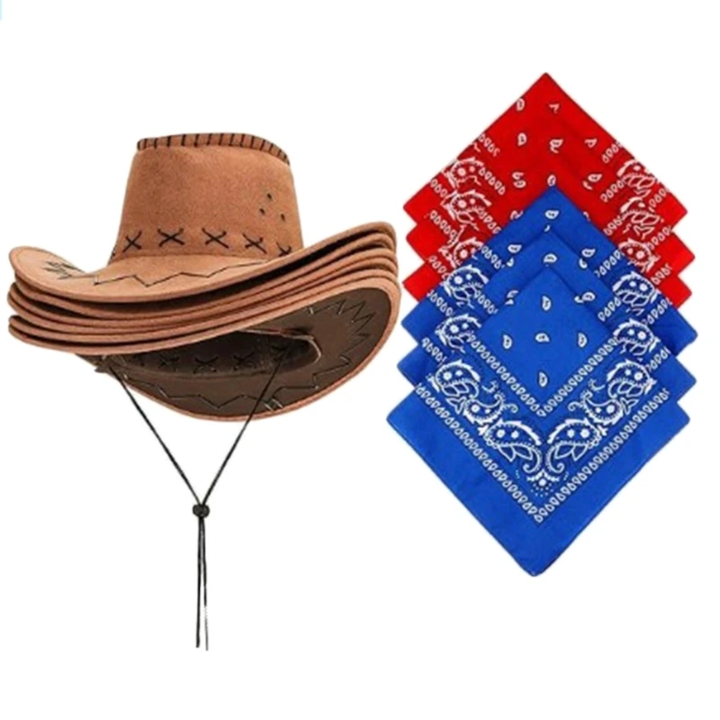 12Pcs Cowgirl Hat Bandana Costume Set Vintage Ethnic Cowboy Hat Floral Bandanas Women Bridal Party Dress Up Accessories