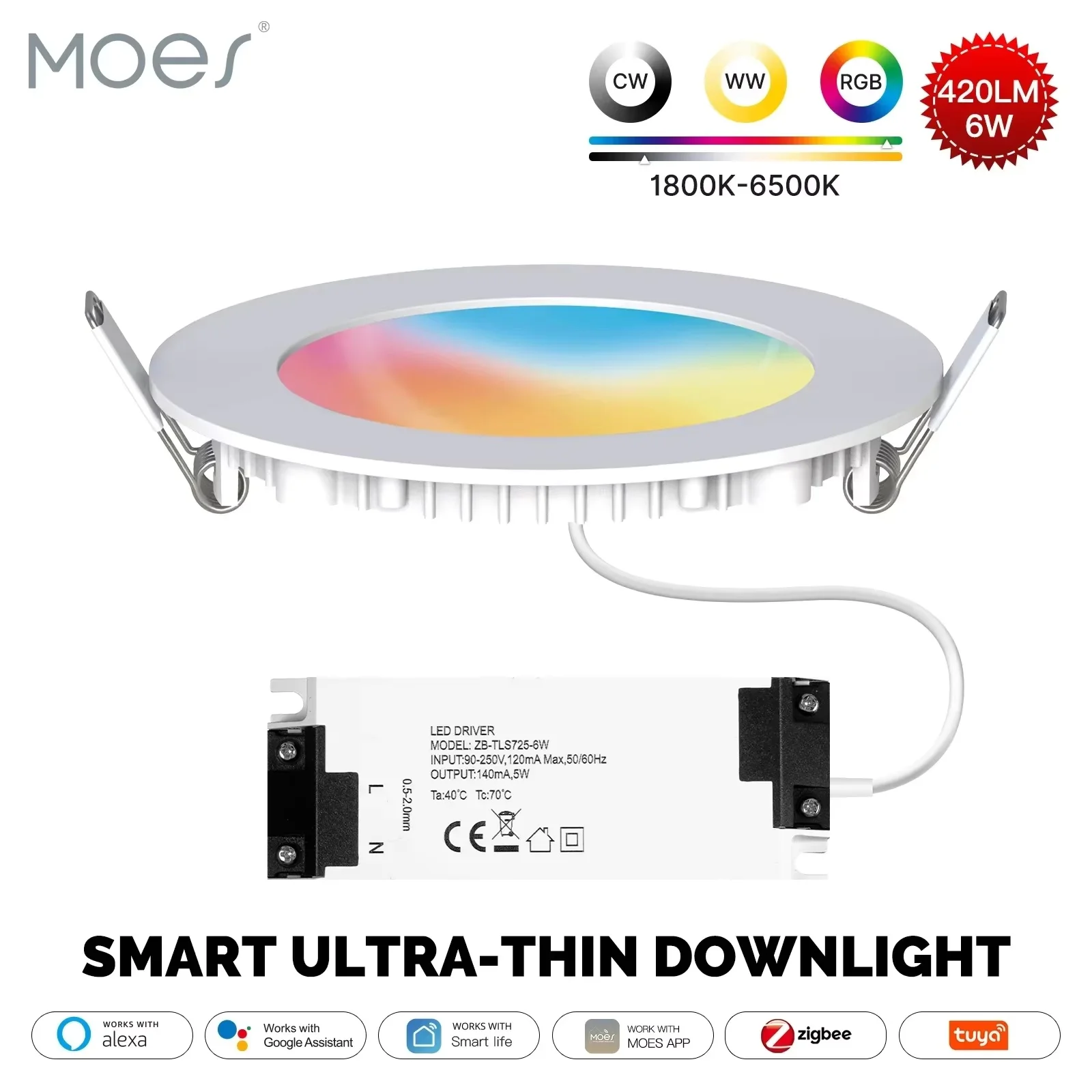 MOES ZigBee Downlight Tuya Ultra Thin Tube Lamp Spot Lamp 6W RGB Change Warm Cool Light Work With Alexa Google Home Smart Life