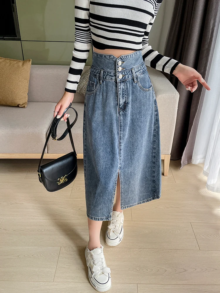 

High waisted casual women jeans skirt buttons down front split midi skirt with pockets loose A-Line Long Denim Skirts for Ladies