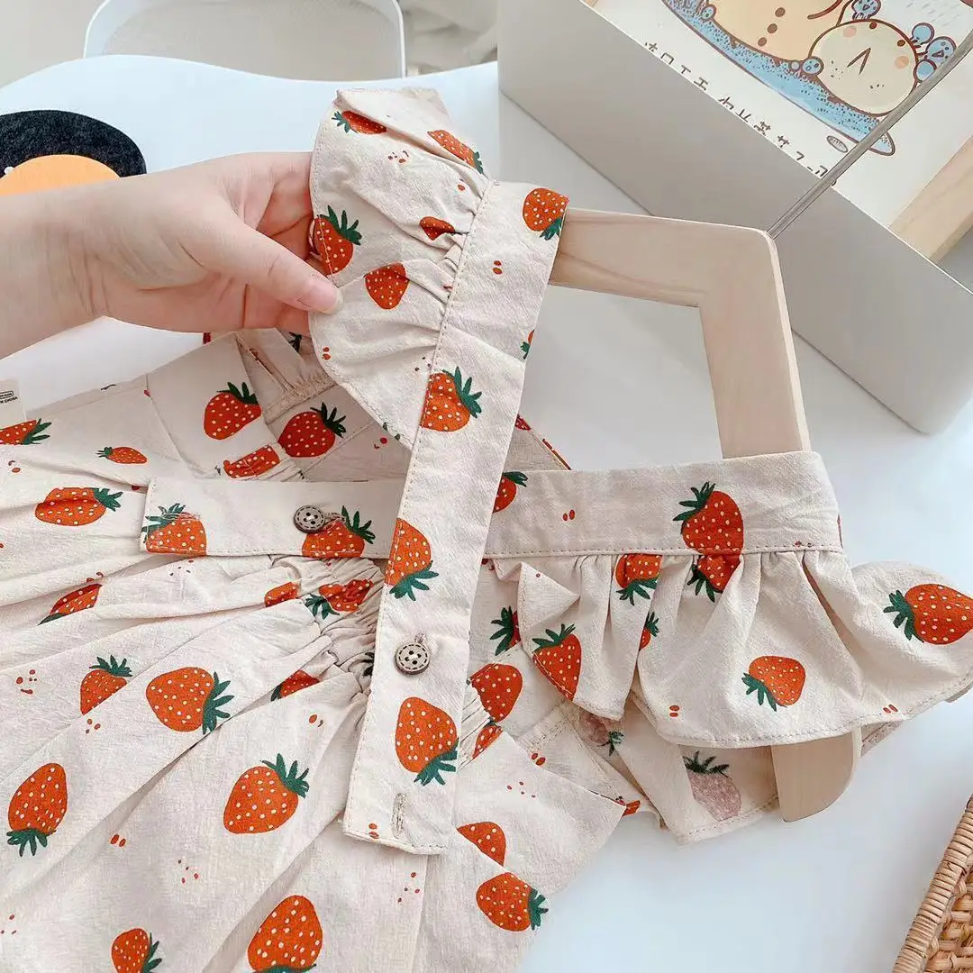 2023 NEW IN Summer Infant Newborn Princess Fly Sleeve Strawberry Print Outfits Kids Baby Girls Jumpsuits Outwear Bodysuits