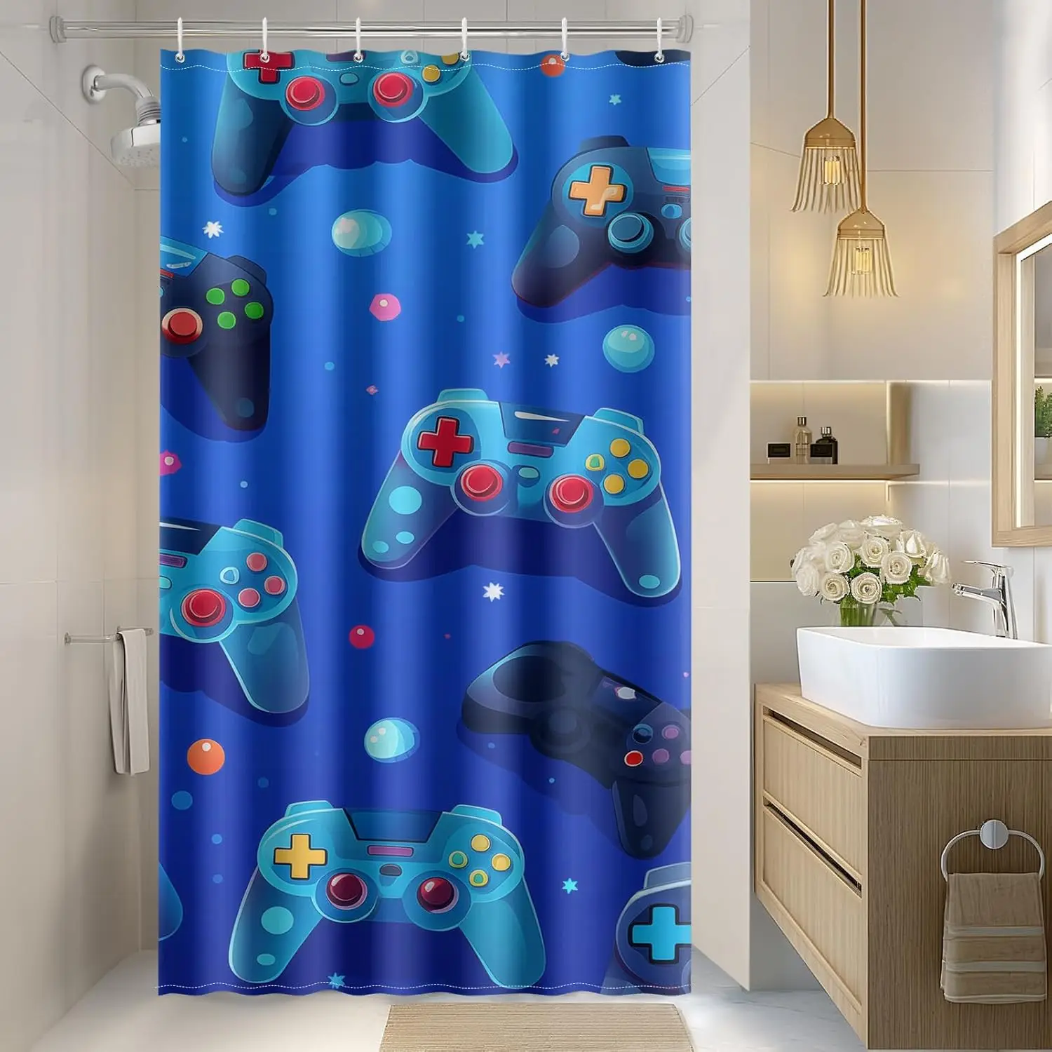 Blue Gamepad Gamer Shower Curtain, Narrow Stall Size Waterproof Fabric Design, Cartoon Gaming Style Bathroom Decor with Hooks