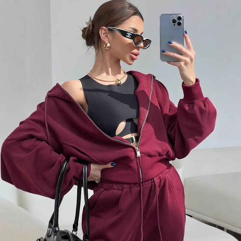 

Модный комплект спортивной одежды, однотонный длинный све, джемпер с капюшоном на молнии, повседневные брюки с поясом, комплект из двух предметов, осенний сезон, длинные манжеты