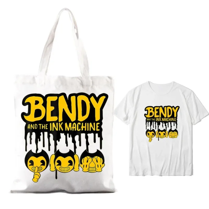 B-Bendy and the Ink M-Machine Women Shoulder Bags Couple Combination Clothes Short Sleeve Collar Fashion T shirt Man Cotton