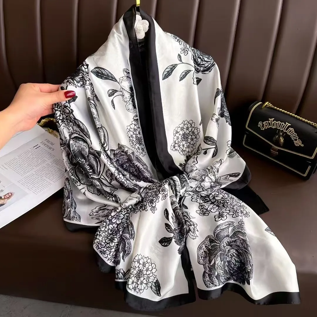 88×180CM New Printed Floral Simulated Silk Satin Women’s Silk Scarf Fashionable Sun Protection Outer Shawl Beach Towel 2025