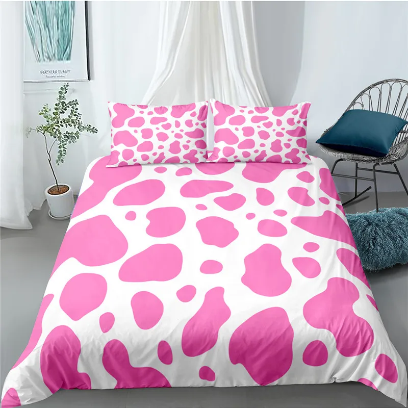 Microfiber Queen Duvet Cover Set, 3 Pieces Ultra Soft Cow Printed Comforter Cover Set With Zipper Closure and, Black White Pink