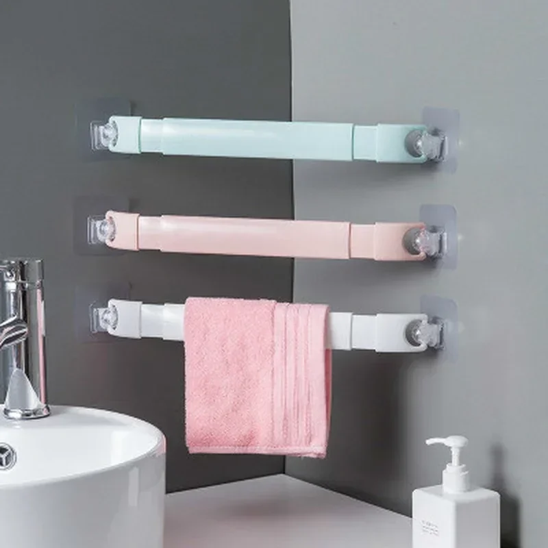 Plastic Wall Mounted Bathroom Telescopic Towel Bar Shelf Self-adhesive Rack Paper Roll Holder Hanging Hook Organization Supplies