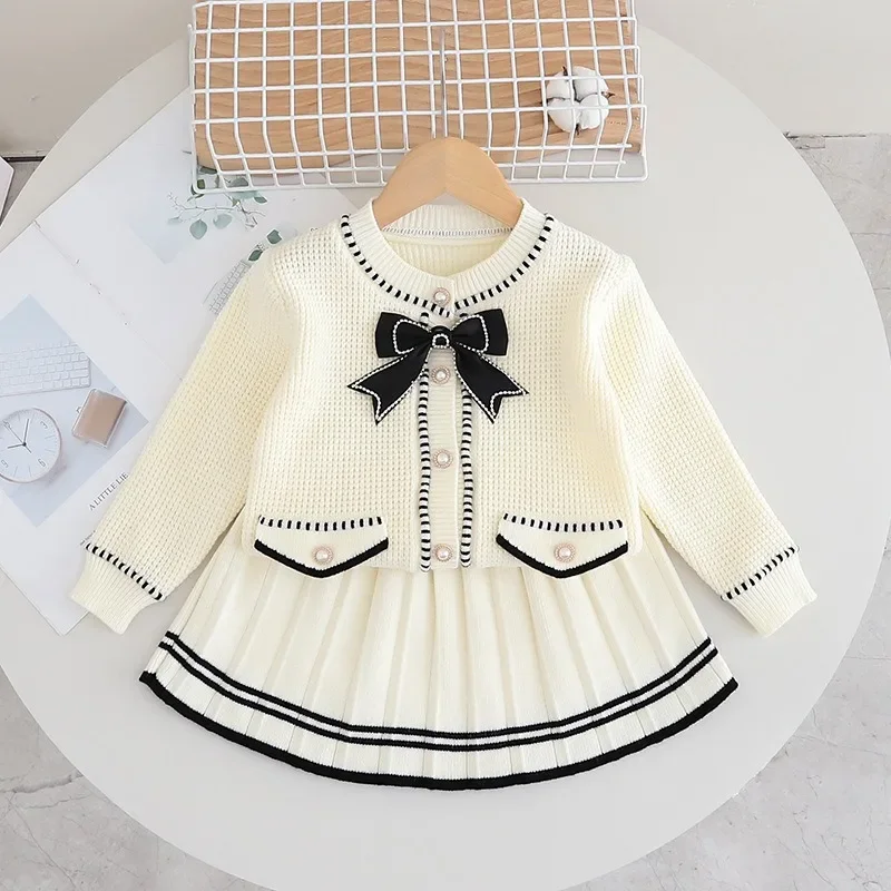 Girls Sweater Skirt Foreign Style Black Bow with Pockets Knitted Skirt Children Autumn Winter New Korean Version Kids Sets Skirt