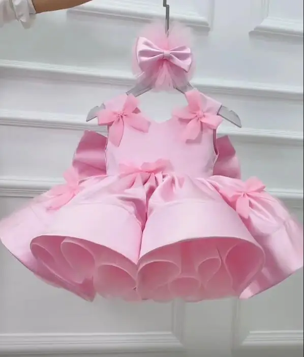 Beaded bow puff skirt Children Baptism Outfit Gorgeous Girls' Christmas Performance Princess Dress 1-14 year old flower girl w