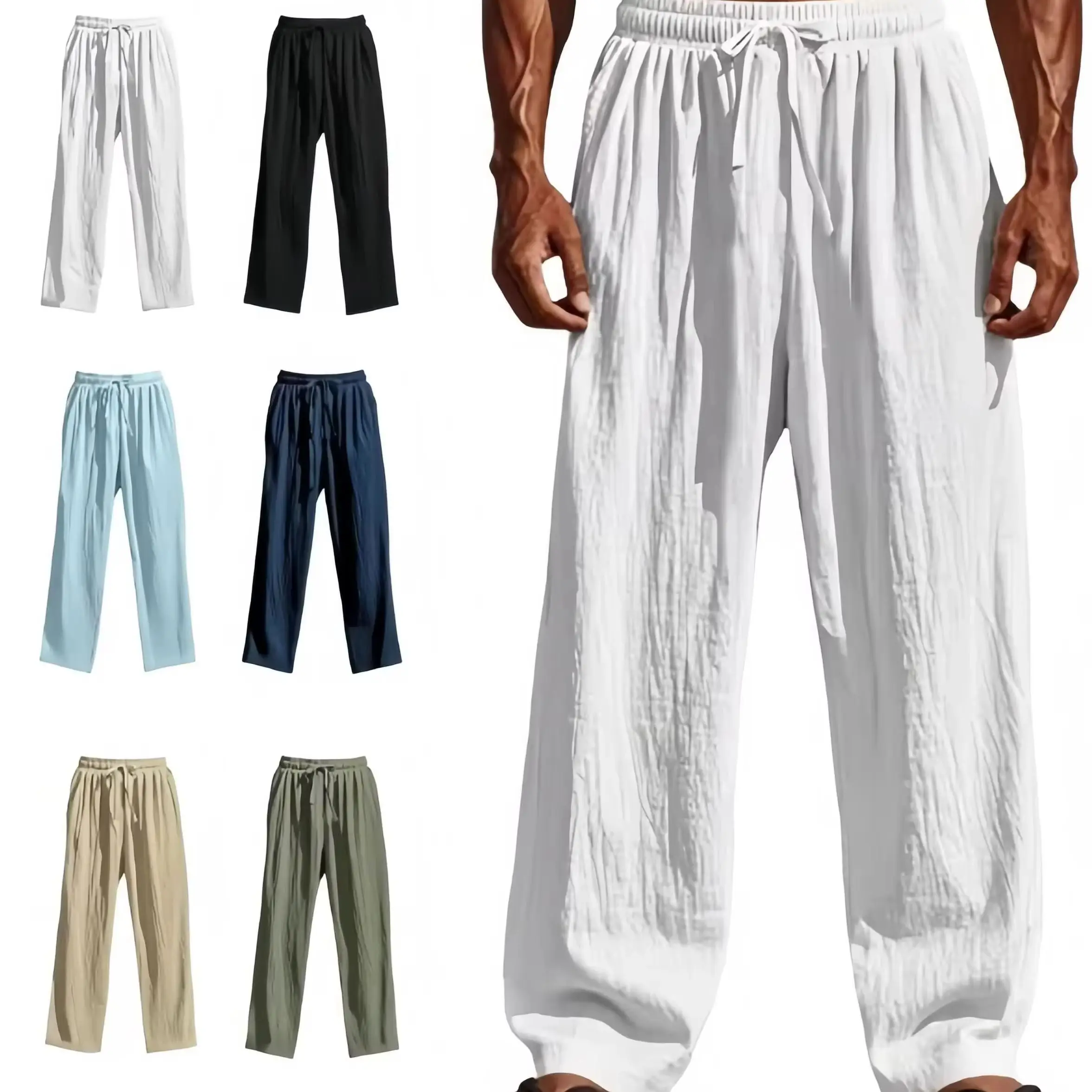 

2025 Men's Cotton Linen Casual Pants Baggy Streetwear Men Joggers Sports Trousers Solid Color Long Straight Trendy Pants for Men