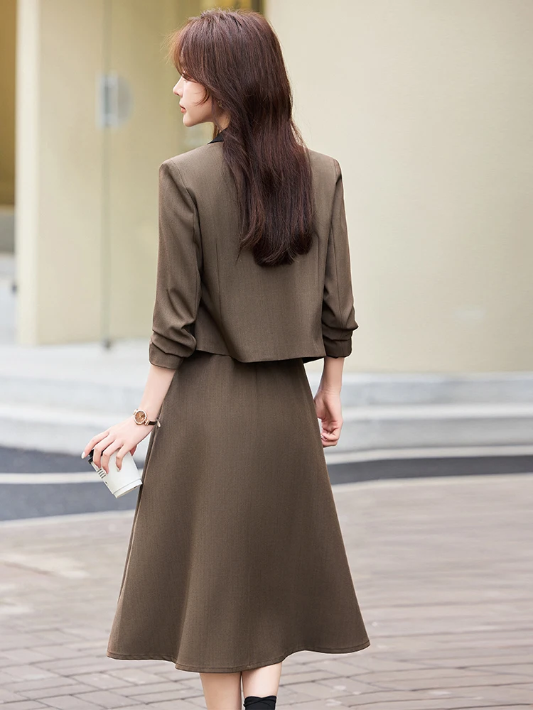 Coffe Brown Short Suit Set Women's Elegant Goddess Style High-End Feel Small Size Short Coat Spring Autumn New Arrival