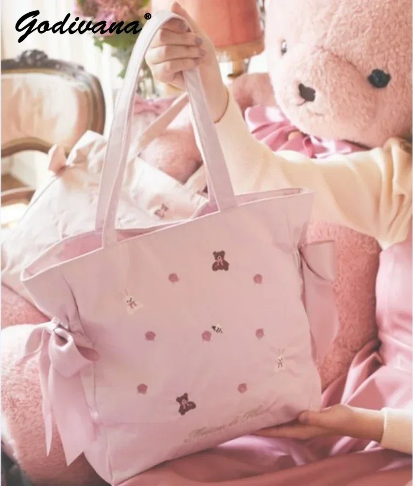 Japanese Style 8Th Anniversary New Pink Bow Portable One Shoulder Bags Cartoon Bear Women\'s Tote Bag A4 Can Be Put