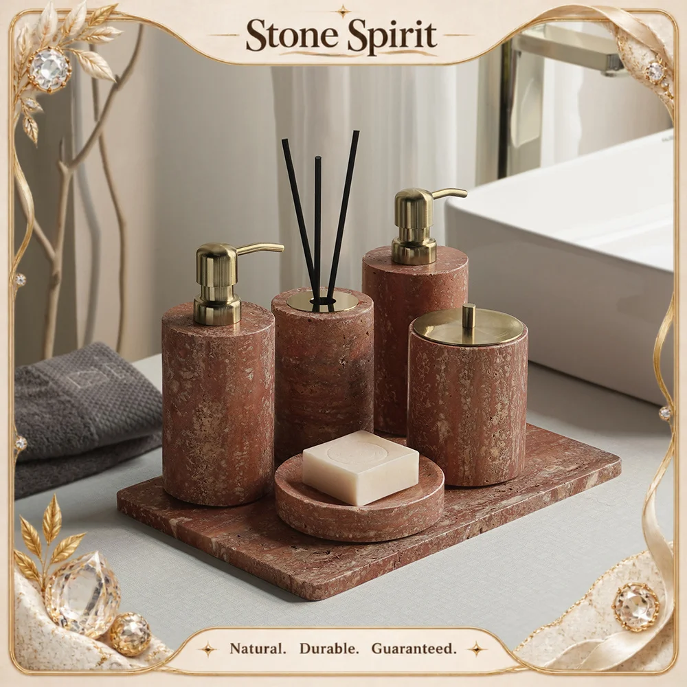 【Natural】Red Travertine Bathroom Set Vintage Soap Holder Soap Dispenser Tissue Box Vanity Tray Bathroom Accessories