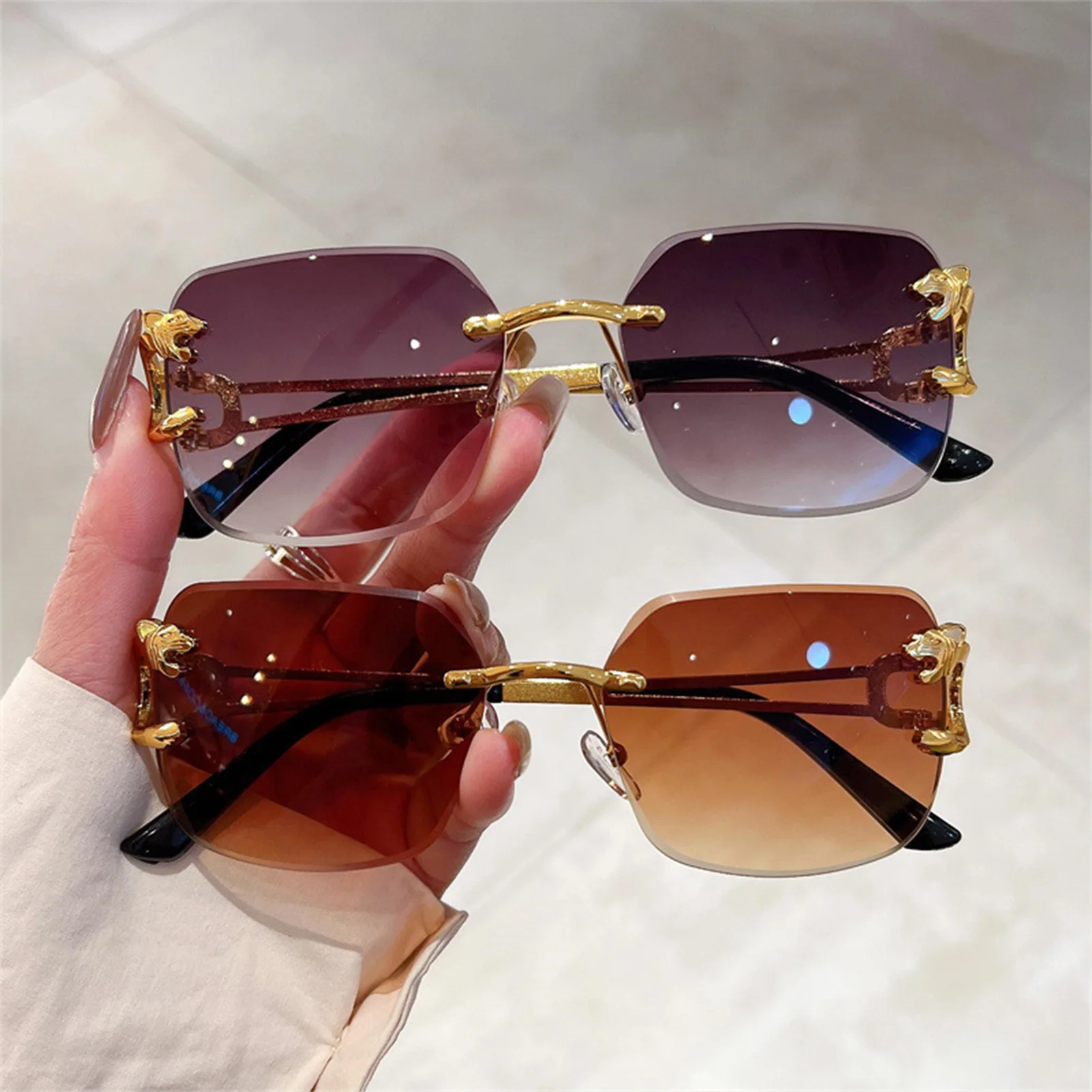 European Leopard Head Square Sunglasses Ultra Light Brown/Blue/Pink Lens Anti UV Rays Sunglasses for Sports Travel Fishing