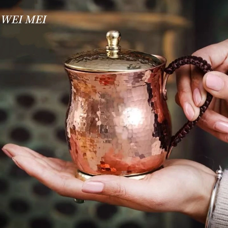 

Handcrafted Pure Copper Coffee Mug,With lid Thickened Large Capacity 550 ml Breakfast Cup,Woven Handle Home Tea Cup Tableware