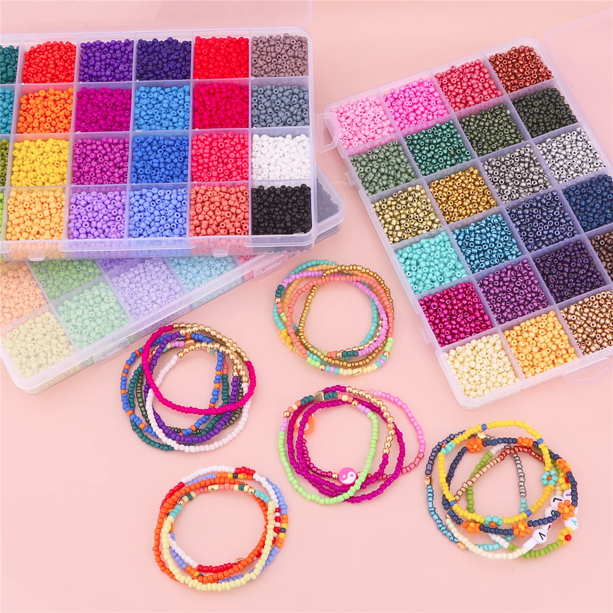 Premium 24-Grid Painted Rice Beads Kit - 3/4mm Solid Color DIY Jewelry Supplies for Bracelets/Necklaces (15g/Grid 1600-12000pcs)