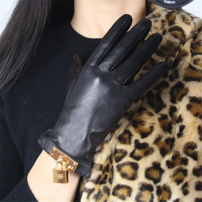 New Women\'s Ladies Real Leather Black Gloves Touch Screen Sheepskin Gloves With Lock Design